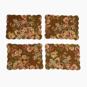 Quilted Placemats Set 4 Floral Brown Pink Scalloped Reversible 18x13 Farmhouse